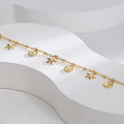 Lit Wall Gold Anklets for Women 18K Gold Plated Adjustable Summer Simple Foot Jewelry Ankle Bracelet for Women - style: Shell and Starfish