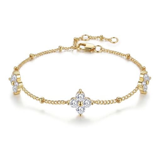 Dainty Lucky Four Leaf Clover Bracelets for Women, Trendy 14K Gold Plated Hypoallergeni Cubic Zirconia Bracelets Cute Paperclip Interlocking Adjustable Chain - color: Gold Clover Bracelet
