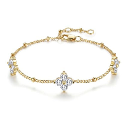 Dainty Lucky Four Leaf Clover Bracelets for Women, Trendy 14K Gold Plated Hypoallergeni Cubic Zirconia Bracelets Cute Paperclip Interlocking Adjustable Chain - color: Gold Clover Bracelet