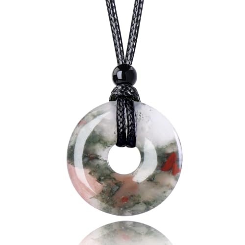 FANASY Natural Gemstone Pendant Necklce Lucky Coin Crystal Necklace Protection Donut Pendnat with Adjustable Rope for Men Women - color: African Bloodstone
