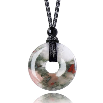 FANASY Natural Gemstone Pendant Necklce Lucky Coin Crystal Necklace Protection Donut Pendnat with Adjustable Rope for Men Women - color: African Bloodstone