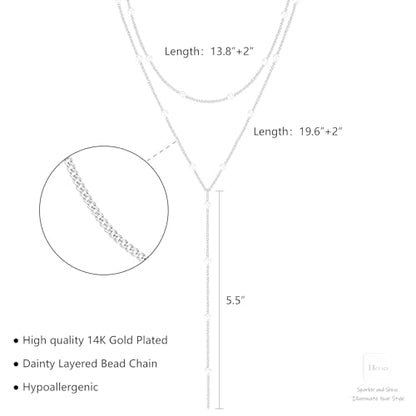HERIER Lariat Gold Necklace for Women, Dainty Long Necklace 14k Gold Plated/Silver Y-Shaped Layered Beaded Chain Drop Necklaces for Women Trendy Simple Gold Jewelry for Women Gifts - color: Y Layered Pearl Necklace-Silver