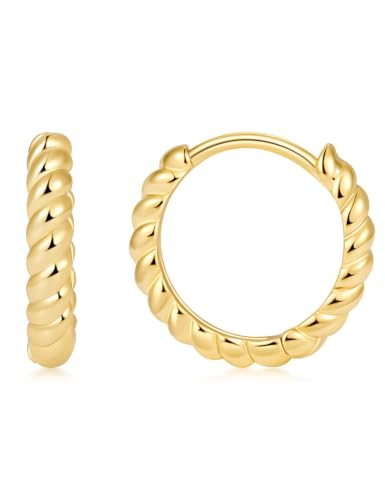 Fiusem 14K Gold Plated Huggie Hoop Earrings for Women | 8/10/12 Hypoallergenic Small Twisted beaded Huggie Earrings - color: Gold Twisted, size: 10MM