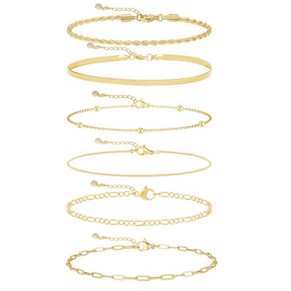 MFRYK Gold Ankle Bracelets for women,14k Gold/Silver Plated Waterproof Layered lightweight Cuban Link Figaro Chain Heart anklet butterfly anklet Pearl Ankle Bracelets Set Gold Anklets for women Trendy Jewelry Gift for Women - style: 6 anklets box figaro r
