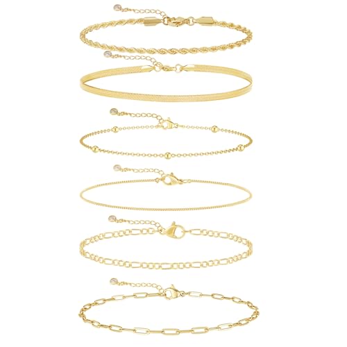 MFRYK Gold Ankle Bracelets for women,14k Gold/Silver Plated Waterproof Layered lightweight Cuban Link Figaro Chain Heart anklet butterfly anklet Pearl Ankle Bracelets Set Gold Anklets for women Trendy Jewelry Gift for Women - style: 6 anklets box figaro r