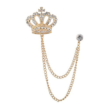 Rhinestone Crown Long Chain Brooch.Gold Silver Tassel Brooch Pin,Retro Crystal Suit Pins Collar Coat Pin for Men's Accessories Pin Husband Gifts - color: Gold 2