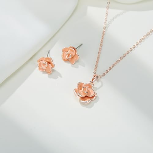 EleQueen Rose Flower Necklace Earrings Bracelet Set for Women - color: Orange-Rose Gold-Tone