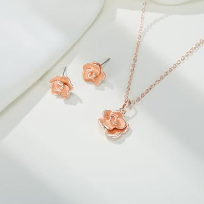 EleQueen Rose Flower Necklace Earrings Bracelet Set for Women - color: Orange-Rose Gold-Tone