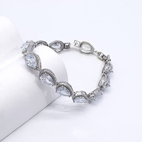 Bride Teardrop Earrings & Bracelet Wedding Jewelry Set, Cubic Zirconia Bridal Bridesmaid Party Formal Prom Gift - color: White Gold