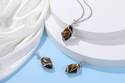 Jovivi Amethyst Rose Quartz Stone Necklace for Women Men, Full Wire Wrapped Natural Gemstone Reiki Healing Crystal Pendant Jewelry - color: Tiger Eye Crystal