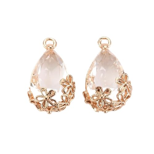 FASHEWELRY 50Pcs Faceted Teardrop Glass Charms Transparent Crystal Drop Pendants with Light Gold Brass Flower Setting for DIY Bracelet Necklace Earring Jewelry Craft Making - color: 1-Clear