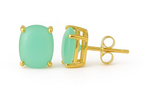 Women's 18K Gold Plated 8x10mm Princess Cut Gemstone Stud Earrings – Birthstone Jewelry for Her – Classic Cushion Studs - color: Aqua Chalcedony