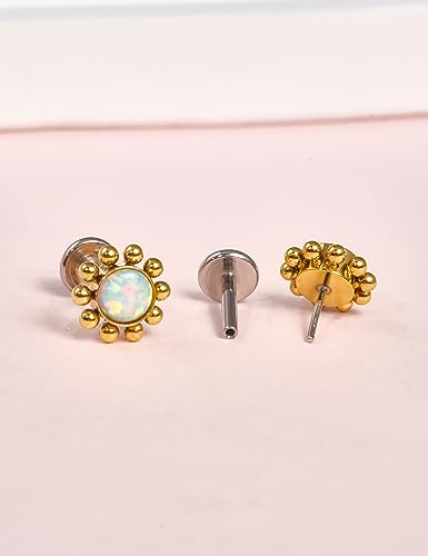Limerencia G23 Hypoallergenic 18g Flat Back Stud Earrings | F136 Implant Grade Titanium Press Fit Threadless Push Pop in Cartilage Helix Labret Lip Monroe Tragus Piercing Studs - color: Opal Sun Gold