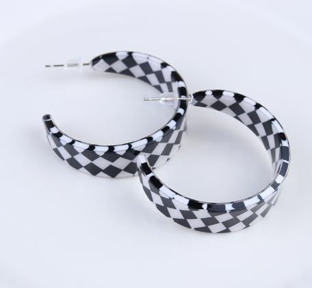 Checkerboard Hoop Earrings Lightweight 70s 80s 90s Transparent Black White Circle Acrylic Geometric Striped Checkered Dangle Drop Earrings Retro Simple Colorful C shaped Earrings for Women - color: black