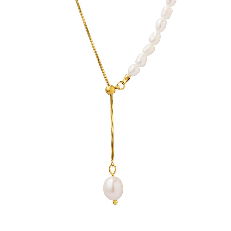 14K Gold Pearl Pendant Necklace, Freshwater Pearl Y-shaped Necklace, Women's Day, Birthday Gift for Wife, Girlfriend - color: style one