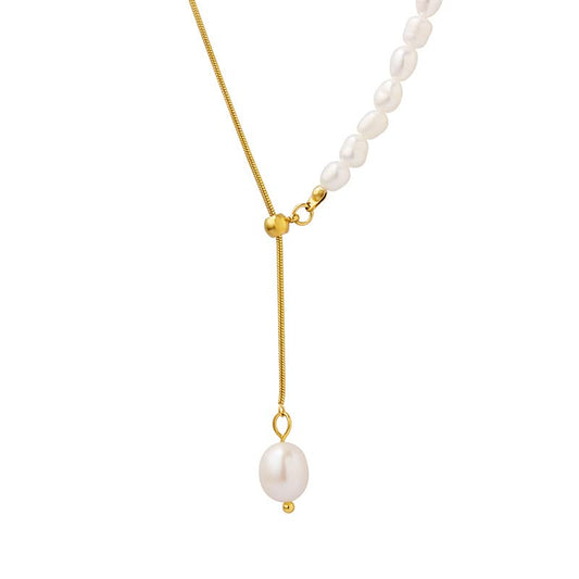14K Gold Pearl Pendant Necklace, Freshwater Pearl Y-shaped Necklace, Women's Day, Birthday Gift for Wife, Girlfriend - color: style one