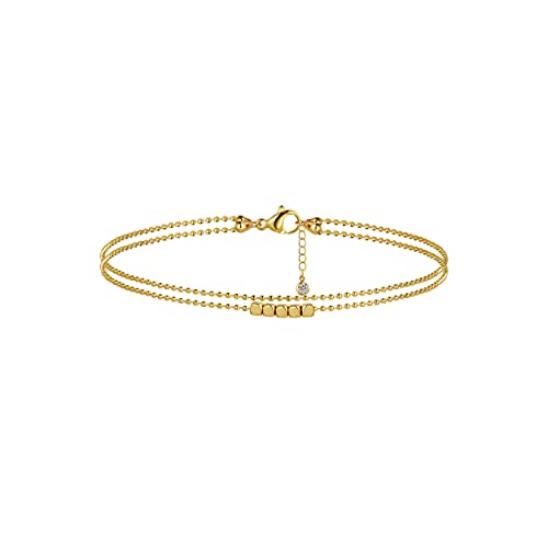 14K Gold Plated Layered Satellite Beads Heart Anklets Layering Rhinestone Cubic Zirconia Ankle Bracelets for Women Minimalist Summer Beach Foot Chain Ankle Jewelry for Her - style: 2 Layered 5 Dots+Beaded-GD