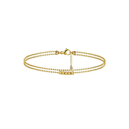 14K Gold Plated Layered Satellite Beads Heart Anklets Layering Rhinestone Cubic Zirconia Ankle Bracelets for Women Minimalist Summer Beach Foot Chain Ankle Jewelry for Her - style: 2 Layered 5 Dots+Beaded-GD