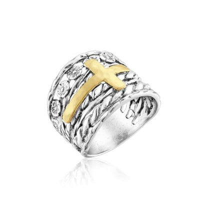 JEAN RACHEL JEWELRY 925 Sterling Silver Mixed Metal Cross Ring, Two-Tone Textured Wide Hammered Statement Band for Women