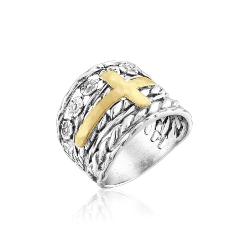JEAN RACHEL JEWELRY 925 Sterling Silver Mixed Metal Cross Ring, Two-Tone Textured Wide Hammered Statement Band for Women