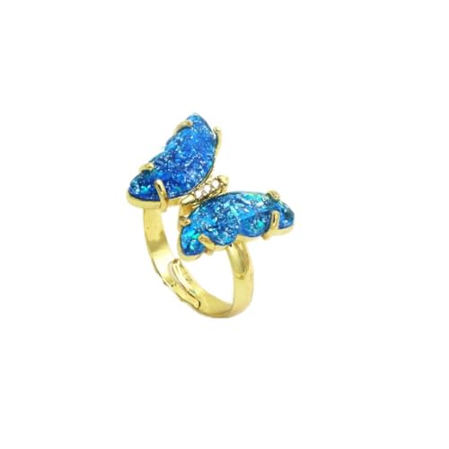 COLORFUL BLING Adjustable Elegant Transparent Crystal 3D Butterfly Rings for Women Aesthetic Gold Plated Cute Animal Insect Open Finger Cuff Ring Birthday Valentine Gifts - color: pure dark blue
