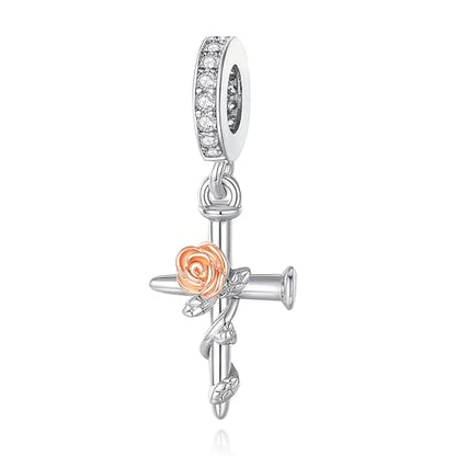 LaMenars 925 Sterling Silver Charms for Pandora Bracelets & Necklaces | Bead Charms Birthday Holiday Jewelry Gifts For Women - color: Cross Flower Dangle