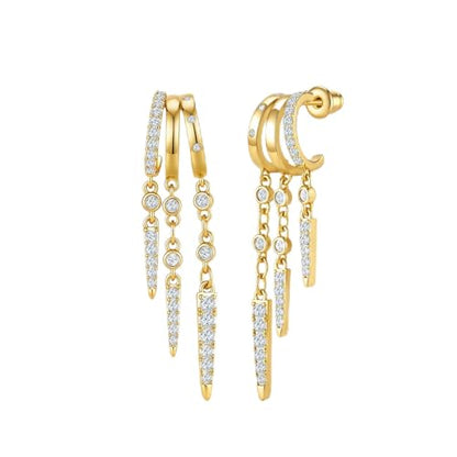 Cicy Bell Gold Earrings For Women 18k Gold Plated Triple Dangle Earrings | Hypoallergenic Drop Huggie Earrings Small Hoop Statement Chain Tassel Earrings Trendy Jewelry Gifts - color: Style E-Gold