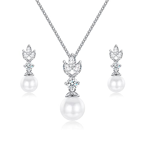 Wedding Jewelry for Bride Bridesmaid, Pearl Dangle Earrings and Pendant Necklace Set Bridal Jewelry for Promise Wedding Party - color: 4#Silver-Necklace/Earrings