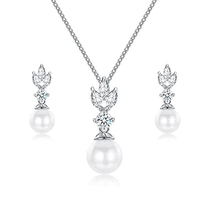 Wedding Jewelry for Bride Bridesmaid, Pearl Dangle Earrings and Pendant Necklace Set Bridal Jewelry for Promise Wedding Party - color: 4#Silver-Necklace/Earrings