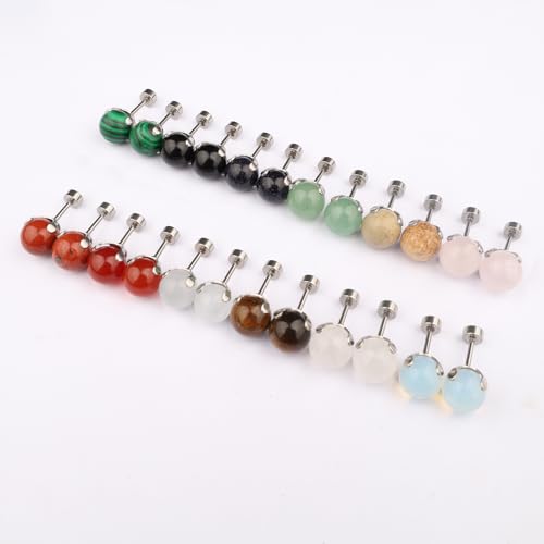 12 Pairs Multi Natural Gemstone Round Bead Ball Stud Earrings Stainless Steel Opal Tiger Eye Rose Quartz Onyx Stone Stud Earrings Set for Women - color: Silver flatback 6mm