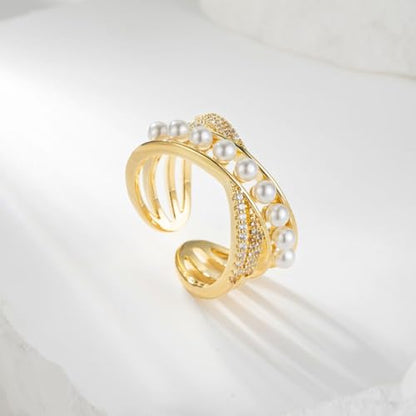 Kokoma Dainty Flower Ring for Women Sparkling Cubic Zirconia Daisy Open Statement Rings Pearl Chic Engagement Promise Ring Wrap Finger Band - color: Cross