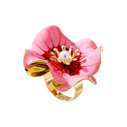 NewZenro Elegant Large Flower Statement Rings for Women Gold-Tone Plated Danity Enamel Faux Pearl Big Floral Adjustable Open Wrap Finger Rings Comfort Fit Wedding Promise Fashion Jewelry - color: Pink