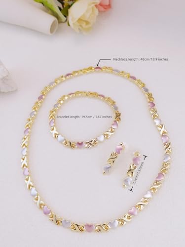 Women's Gold wedding Jewelry Set Tricolor Hugs Kisses Heart necklace set - color: Gold