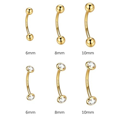 2 Pcs 14k Gold Filled Eyebrow Rings, 16G Threaded Rook Piercing Jewelry, Surgical Steel Vertical Lip Labret Belly Tongue Ring Daith Earring Curved Barbells - color: 6mm-2pcs Inlaid CZ
