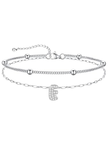 U7 Initial Ankle Bracelets for Women Silver/Gold Anklets Waterproof, 14K Gold Plated Layered Anklets Bracelet Stainless Steel Hypoallergenic 8.5"-10.5" - color: Silver-CZ, size: E
