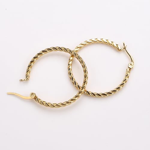 Cable Hoop Earring for Women Light-Weight Twisted Italian Design Round Hoop Earrings Diameter 25mm - color: gold