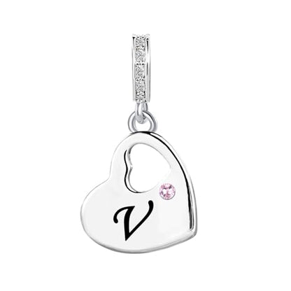 KunBead Initial A-Z Letter Pink Heart Alphabet Birthday Dangle Love Charms Compatible with Pandora Charm Bracelet for Auntie Friend Sister Mom Daughter Nana Granddaughter Wife - style: Letter V