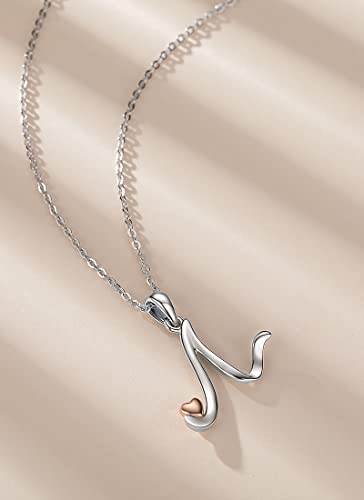CELESTIA 925 Sterling Silver Initial Necklaces 26 Letter with Rose Gold Heart - 18 Inch Chain - color: N-Initial