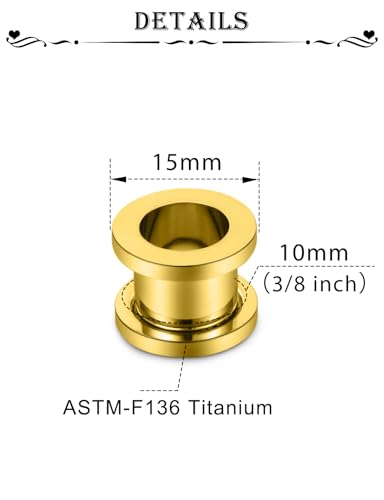 Astm F136 Titanium Ear Gauges Screw Fit Flesh Tunnels Plugs Gauges Earring Expander Stretcher Ear Tunnels For Ears 10G 8G 6G 4G 2G 0G 00G Plug Earrings Body Piercing Jewelry For Women Men - color: 00G Tunnels, Gold