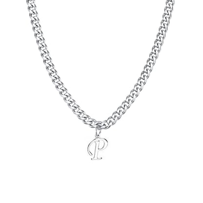 Stainless Steel Initial A-Z Necklace for Men Women,Cuban Chain,Titanium Steel Initial Letter Pendant Charm Necklaces Accessories Jewelry for Woman Man,21 Inch Chain - color: P