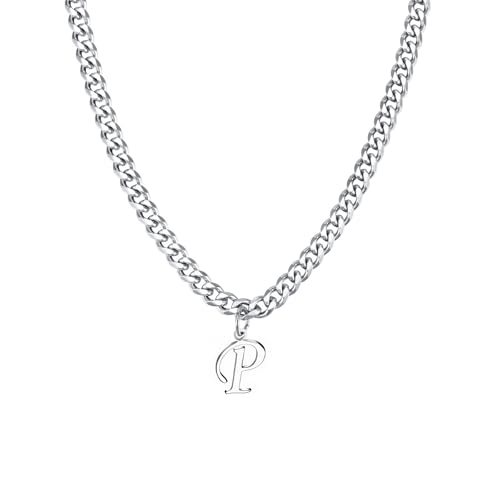 Stainless Steel Initial A-Z Necklace for Men Women,Cuban Chain,Titanium Steel Initial Letter Pendant Charm Necklaces Accessories Jewelry for Woman Man,21 Inch Chain - color: P