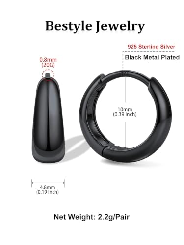 Bestyle Gold Huggies Earrings for Women Hypoallergenic 925 Sterling Silver Post Huggie Hoop Earrings Thick Lightweight Small Hoop Earrings 8/10/12/14mm - color: Black, size: 10mm