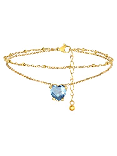 FindChic Bling Heart Birthstone Anklets Layered Beaded Ankle Bracelets for Women Gold/Black/Silver 12 Month Gem Colors Foot Chain Summer Jewelry for Girls, with Gift Box - color: Gold, style: 03. Mar.-Created Aquamarine(Prong Setting)