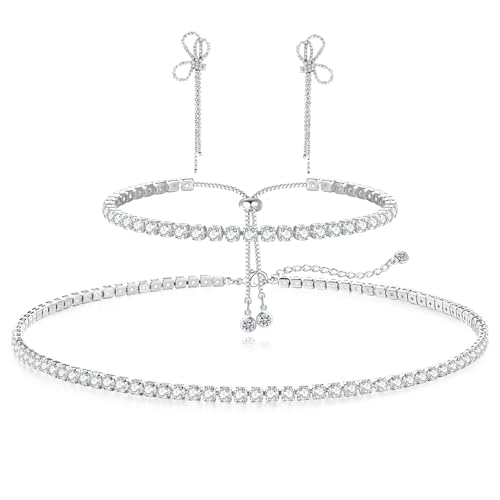 HAXIYA Tennis Necklace Bracelet for Women, Sterling Sliver Jewelry Set, Silver/Gold Chocker Necklace, Crystal Bracelet for Women, Wedding Jewelry for Bride, Sparkly Party Prom Hypoallergenic - color: Butterfly Set of 3 - Silver