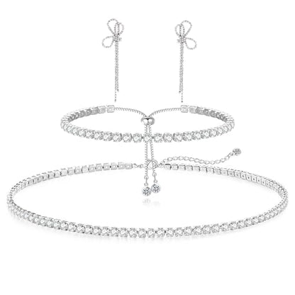 HAXIYA Tennis Necklace Bracelet for Women, Sterling Sliver Jewelry Set, Silver/Gold Chocker Necklace, Crystal Bracelet for Women, Wedding Jewelry for Bride, Sparkly Party Prom Hypoallergenic - color: Butterfly Set of 3 - Silver