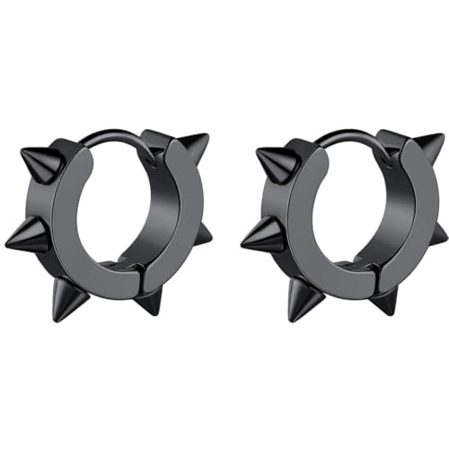 ChainsHouse Stud Earrings for Men Women,316L Stainless Steel/14K Gold/Black Plated Metal, Punk Hypoallergenic Surgical Huggie Hoop Earrings Mens Jewelry Piercing Hoop Earrings - style: D: Black-Spike(1 Pair)