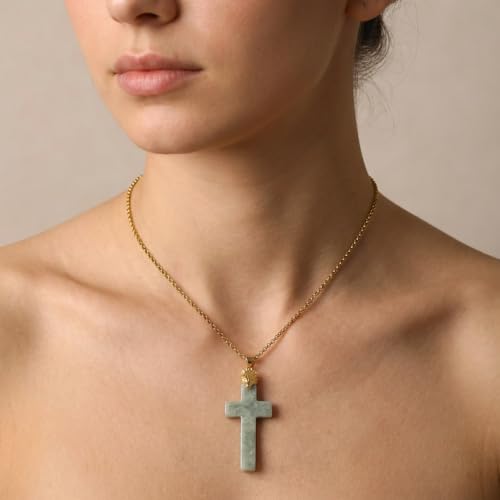 Jade Cross Pendant Necklace, Designed in California, Green Jade Stone with 18K Gold Plated Fox Bail, Religious Amulet Jewelry Gift for Men and Women