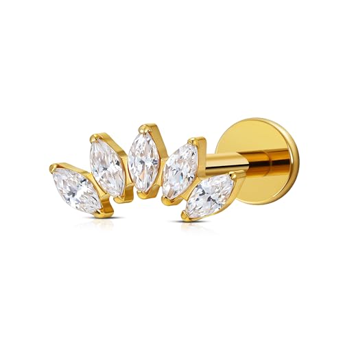 FINE4U 1PC ASTM F136 Titanium 16G Flatback Stud for Tragus, Helix, Conch 6mm 8mm - Screw on Cartilage Earring Piercing Jewelry - color: Five Marquise - Clear CZ - Gold