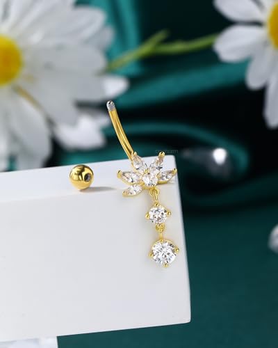 Dangle Lotus Belly Button Rings 14G Dangle Belly Navel Rings for Women Flower Belly Button Piercing - color: YG-10MM
