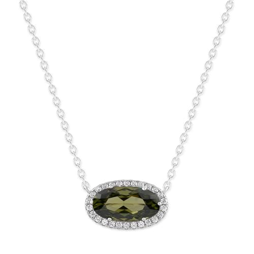 Belacqua Gemstone Necklace in Sterling Silver,Halo Pendant with Accent, Oval Cut 6 * 12mm, 15" Cable Chain with 2" Extender, Spring Ring Clasp, Dainty Birthstone Necklace for Women, Gift Box Included - color: 08-August-Peridot Green